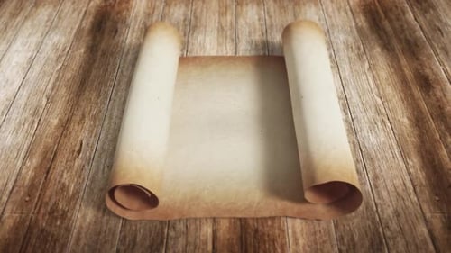 Anciente yellow Scroll Opens on wooden background