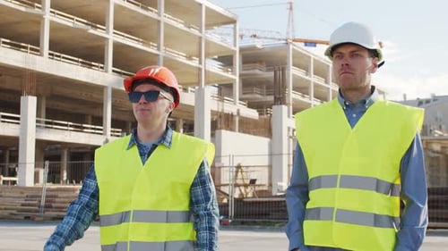 Professional Builders Standing in Front of Construction Site Office Building and Crane Background