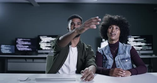 People, virtual screen and software developer happiness, conversation and review cybersecurity