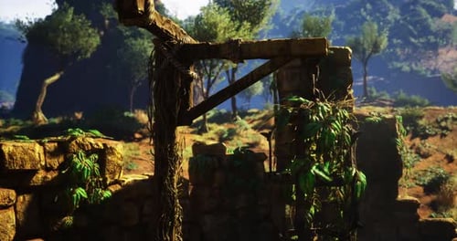 Exploring Ancient Ruins Covered with Lush Greenery in a Serene Landscape