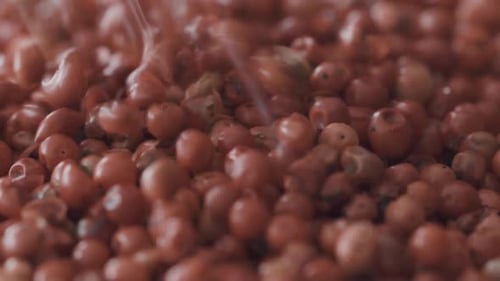 Full of red pepper corn falling down in close up shot