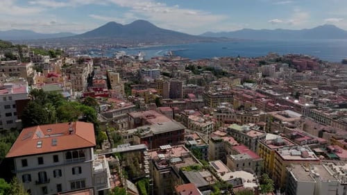 TOP 4K view of Naples. Drone flight over the Italian city of Naples overlooking the sea, castel dell
