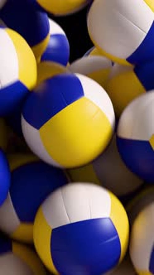 Animation von Volleyballbällen, vertikale Kaskade, fallender Übergang mit Alphakanal. 3D-Rendering