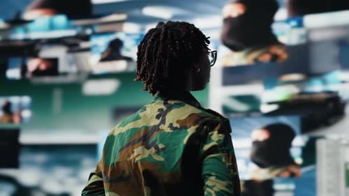 Woman Looks at a Wall of Multiple Video Screens