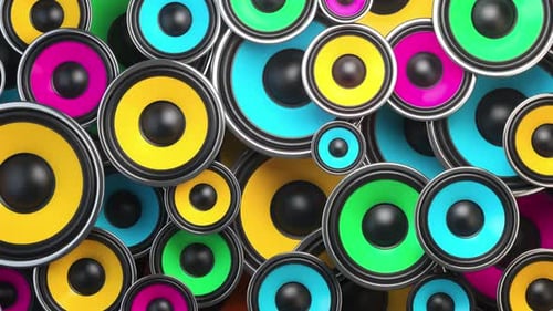 Subwoofer Audio Speakers of Various Colors Playing Loud Sound 3d Animation