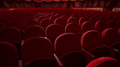 Red velvet chairs in theater hall. Rows of comfortable seats without people.