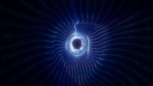 Abstract glowing blue vortex of light forming a circular energy tunnel