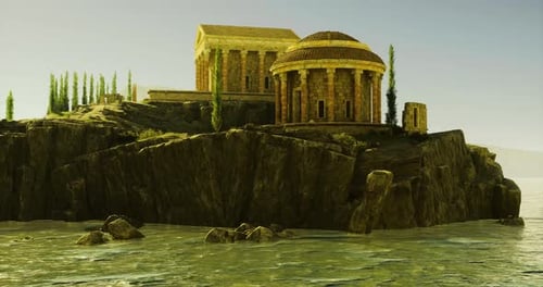 Ancient Structure Atop Rocky Coast Overlooking Calm Waters at Sunset