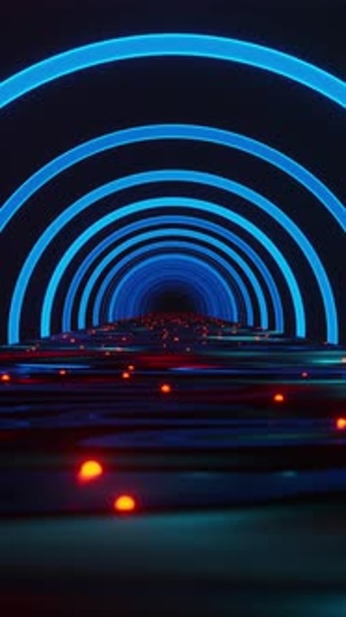 Tunnel with blinking blue semicircles and reflective floor. Looped animation