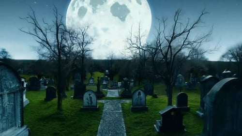 Ilustración 3D. Los pájaros vuelan en círculos sobre un viejo cementerio abandonado bajo la luna llena.
Halloween