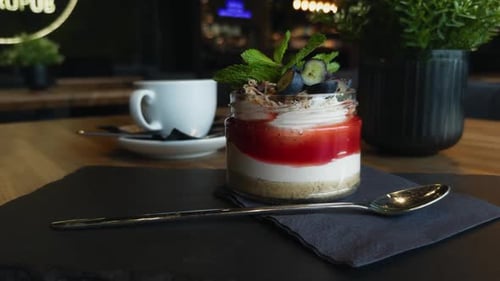 Dessert Plant in Flowerpot Spoon Coffee on Table