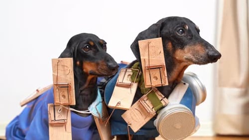 Two Dachshunds in Costumes with Mouse Traps