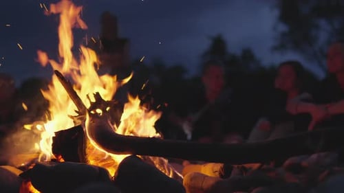 Un rassemblement tranquille autour d'un feu de camp se déroule sous un magnifique ciel étoilé où les amis viennent
