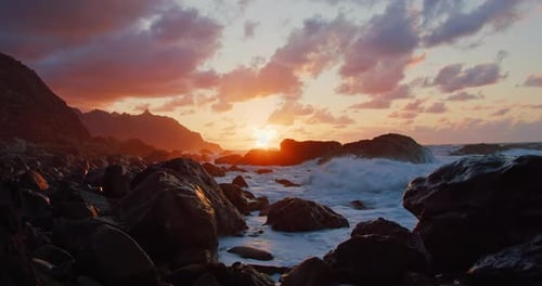 Rock Formations on Tenerife Beach During Sunset