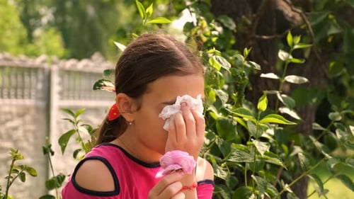 Girl Smells Rose and Wipes Her Nose