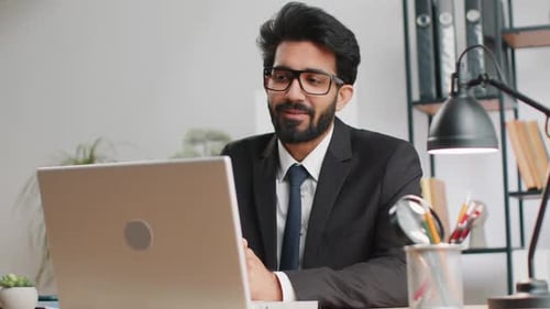 Businessman Working on Laptop at Office Talk on Online Communication Video Call with Employee Boss