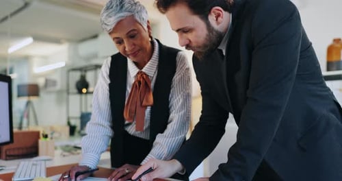 Documents, meeting and business man and woman in office for strategy, planning and finance sales