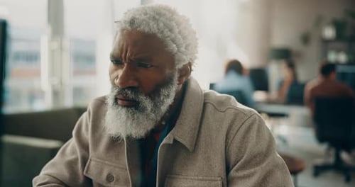 Confused, black man and reading on computer in office for research, review article