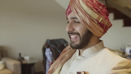 Close-up Of An Indian Punjabi In Traditional Wedding Clothing With Turban.