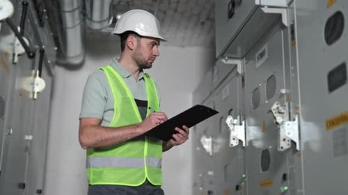 Electrical Engineer Inspects Control Panel in Industrial Building