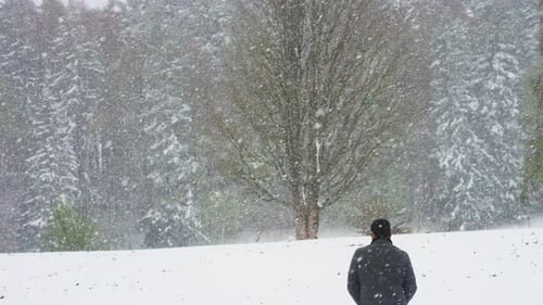 Mann geht in Zeitlupe in einem Wald spazieren, während es stark schneit