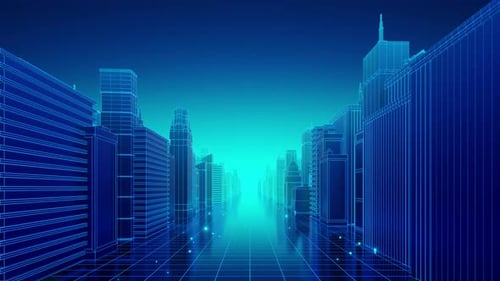Futuristisches neonblaues digitales Stadtbild