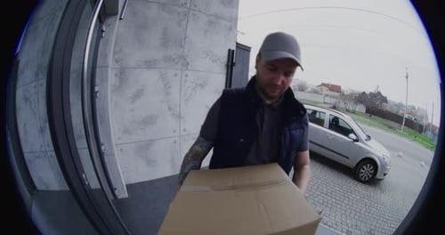 Man Delivering Package Outside Apartment Building During Day