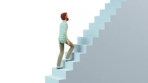 A 3D man steadily climbs endless stairway to heaven