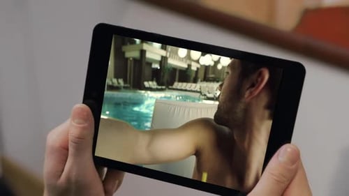 Businessman Online Conference Tablet Calling at Room Closeup Pool Guy Toasting