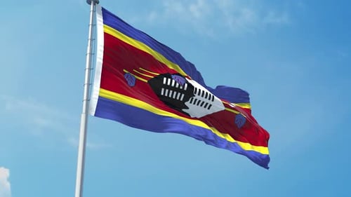 Eswatini National Flag Waving Realistically in Blue Sky