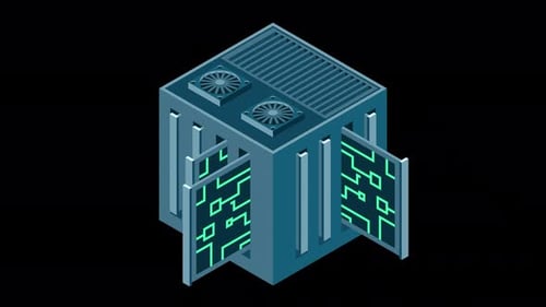 Isometric futuristic server animation. Isometric database or data center. Abstract blockchain