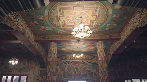 Interior Of Buddhist Temple With Ceiling Paintings And Chandelier In Boudhanath Stupa Kathmandu, Nep