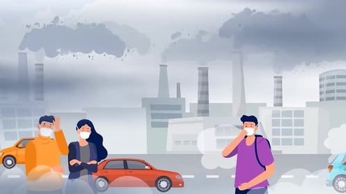 Menschen mit Masken Industrielle Luftverschmutzung mit dichtem Rauch — Smog auf den Straßen der Stadt