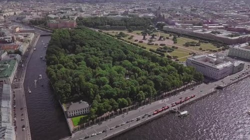Saint-Petersburg, an aerial drone fly to footage of central park Summer Garden, boats in a river, ch