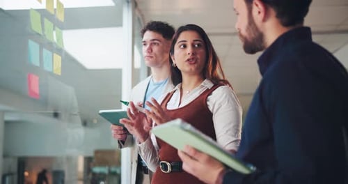 Business people, brainstorming or planning with tablet for schedule or team strategy in office