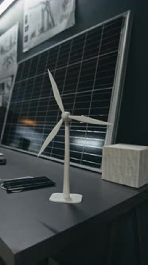 Modèle vertical d'éolienne sur bureau par prototype de panneau solaire