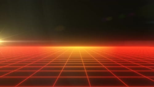A futuristic digital grid landscape with a glowing red horizon