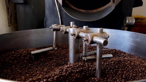 Close up of Arabica coffee beans freshly roasted in professional industrial coffee roasting machine,