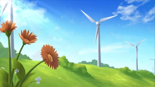 Anime Style Wind Turbines in Green Field with Orange Flowers – Eco Animation