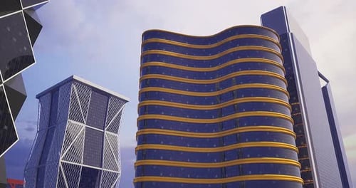 Rascacielos modernos con diseños arquitectónicos únicos bajo un cielo despejado