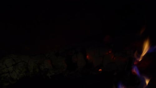 Ein in einem Kamin brennender Baumstamm, ringsherum steigen gelbe Flammen auf.