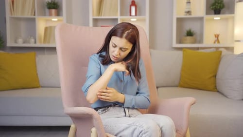 Sick young woman with skin rash problem.