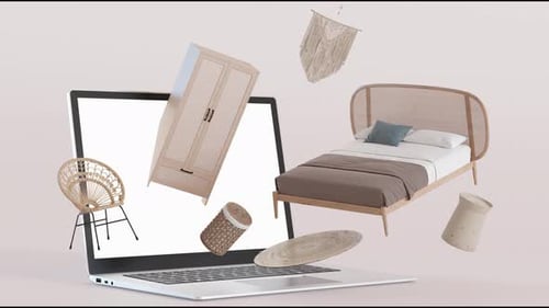 Ordenador portátil con muebles voladores. Compras en línea. Tienda de muebles boho, detalles interiores
.