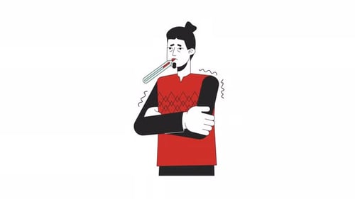 Animated Man Shivering with Fever and Thermometer