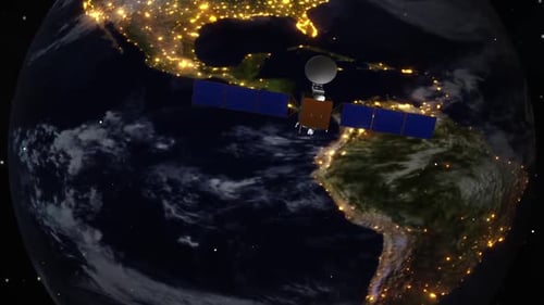 3D Satellite Orbiting Earth with Glowing City Lights