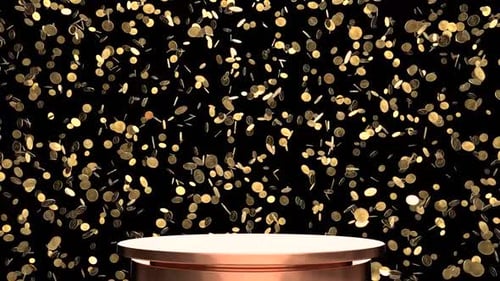 Las monedas de oro caen sobre el podio