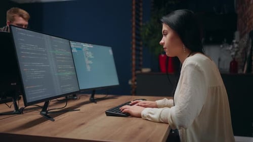 Woman Programmer Writing Code on Computer Middle Data Analyst Working in Office of ITcompany