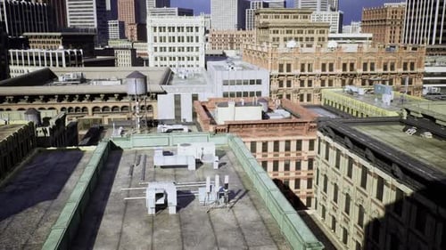 Estudio general del edificio aéreo del equipo de la azotea desde arriba