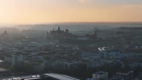 Aerial view of Wawel Royal Castle in Cracow (Krakow) at sunrise, Poland