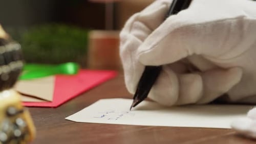 Gloved Hand Writes Elegant Letter with Fountain Pen
